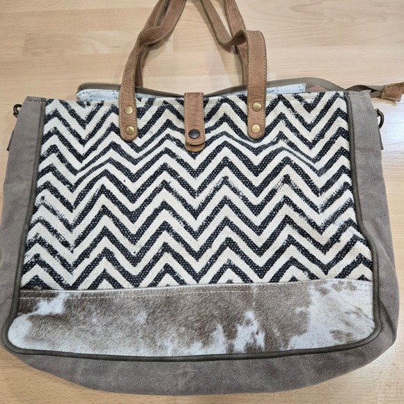 Myra Bag Canvas Tote Bag, Chevron Print, Cowhide Accent, Leather Straps, Western - Picture 1 of 10